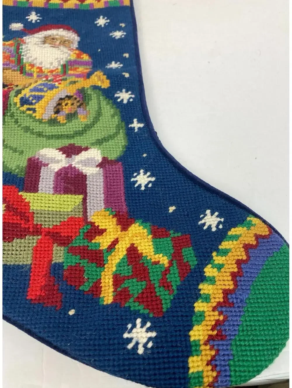 Needlepoint Vintage Santa Sleigh Tree  Christmas Stocking  Navy Velvet